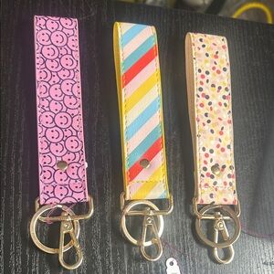 Set of 3 Bracelet style keychains with key ring and clip smiley face stripes dot